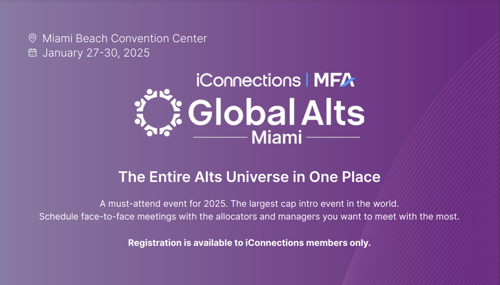 Purple graphic with white text reads information for the Global Alts Miami 2025 event